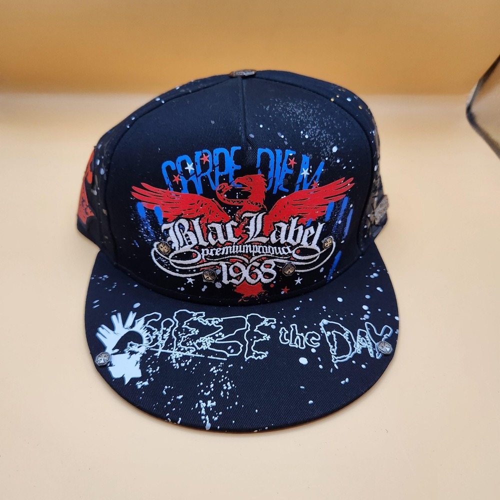 Blac Label Hat Cap Snap Back Mens Black‎ Embroidered Graphic Carpe Diem 1968